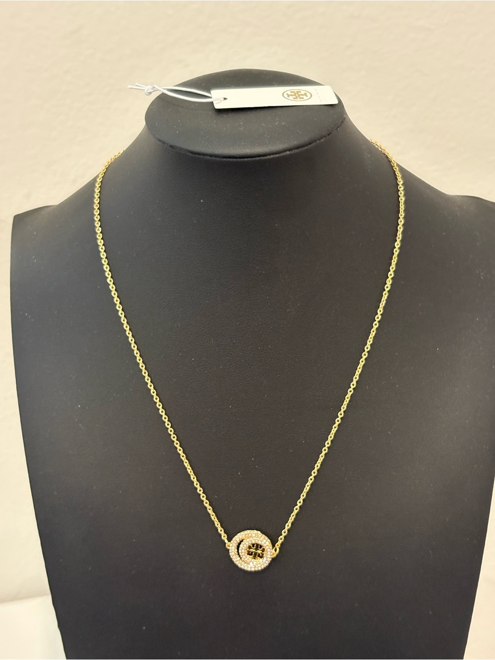 Tory Burch Gold Pavé Logo Disc Necklace